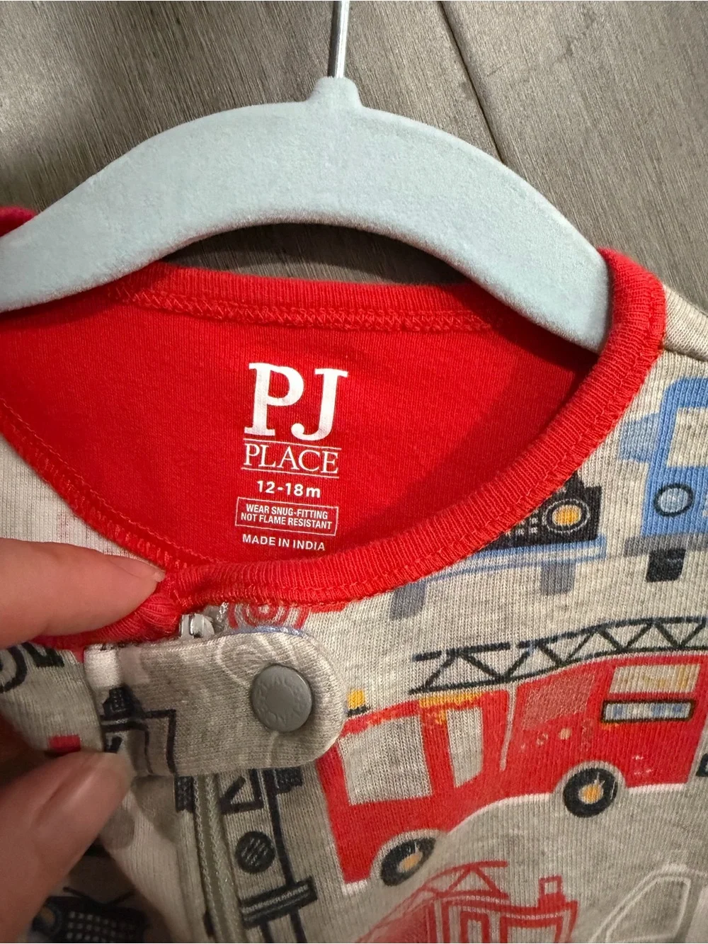 PJ Basics Toddler Footed One-Piece in Gray with Red & Blue Rescue Trucks